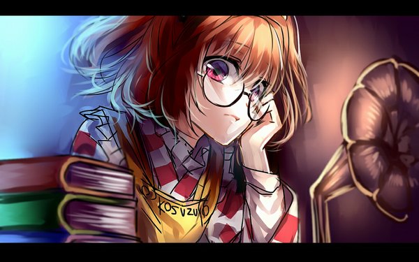 Anime-Bild 1024x640 mit touhou motoori kosuzu uu uu zan single looking at viewer fringe short hair brown hair sitting pink eyes arm support two side up character names hand on cheek girl glasses book (books) phonograph