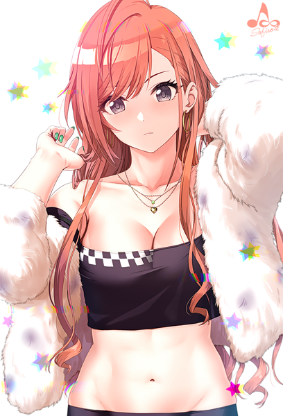 Anime picture 1089x1600 with idolmaster idolmaster shiny colors arisugawa natsuha infinote single long hair tall image looking at viewer blush fringe breasts light erotic simple background large breasts standing white background signed cleavage upper body nail polish