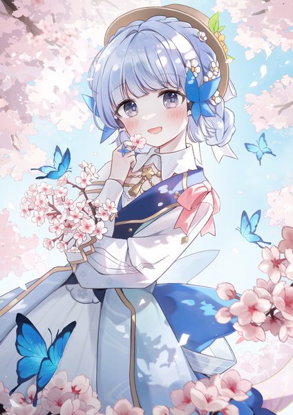 Anime picture 1500x2122 with genshin impact kamisato ayaka kamisato ayaka (springbloom missive) spi single tall image looking at viewer blush fringe short hair open mouth blue eyes smile standing blue hair sky blunt bangs :d cherry blossoms official alternate costume
