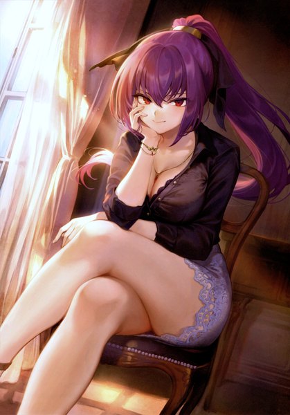Anime picture 4873x6977 with fate (series) fate/grand order scathach (fate) (all) scathach skadi (fate) mashuu (neko no oyashiro) single long hair tall image looking at viewer blush fringe highres breasts light erotic smile hair between eyes red eyes large breasts sitting payot