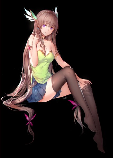 Anime picture 1772x2481 with venus blood tyrca (venus blood) swd3e2 single tall image looking at viewer fringe highres breasts simple background hair between eyes brown hair sitting purple eyes bare shoulders signed full body bent knee (knees) very long hair pleated skirt