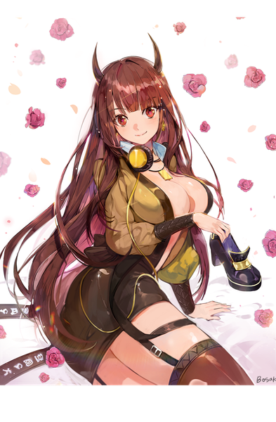 Anime-Bild 707x1079 mit original bosack single long hair tall image looking at viewer fringe breasts light erotic smile red eyes brown hair large breasts blunt bangs arm support no bra headphones around neck shoes removed girl thighhighs
