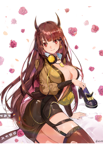 イラスト 707x1079 と オリジナル ぽかぽか ソロ 長髪 長身像 カメラ目線 前髪 おっぱい light erotic 笑顔 赤い目 茶色の髪 大きな乳房 blunt bangs arm support no bra headphones around neck shoes removed 女の子 ストッキング