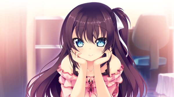 イラスト 1280x720 と koi shiyo tsunoda miyabi 夏桜 ソロ 長髪 赤面 青い目 黒髪 笑顔 wide image 肩出し game cg ポニーテール サイドポニーテール 女の子 リボン ヘアリボン