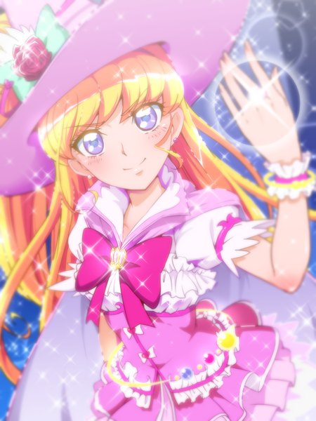 Anime picture 600x800 with precure mahou girls precure! toei animation asahina mirai cure miracle cure miracle (alexandrite style) tj-type1 single long hair tall image looking at viewer blush blonde hair smile purple eyes head tilt arm up blurry sparkle puffy sleeves