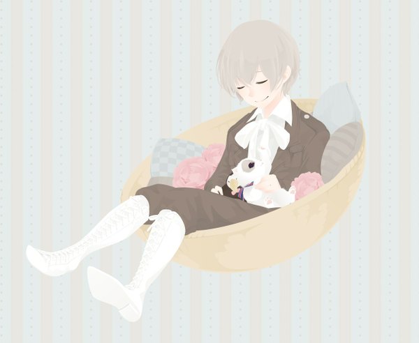 Anime picture 1232x1012 with axis powers hetalia studio deen iceland (hetalia) mr. puffin single short hair simple background smile sitting eyes closed grey hair striped sleeping striped background boy flower (flowers) bowtie pillow cat toy