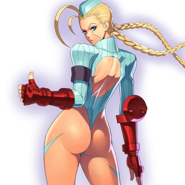 Anime picture 2560x2560 with capcom fighting evolution capcom cammy white ogami single long hair looking at viewer highres blue eyes light erotic simple background blonde hair ass braid (braids) girl gloves fingerless gloves field cap