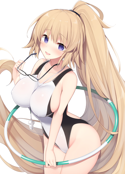 Anime picture 893x1238 with fate (series) fate/grand order jeanne d'arc (fate) (all) jeanne d'arc (swimsuit archer) miko (royal milk) single tall image looking at viewer blush fringe breasts open mouth light erotic simple background blonde hair smile hair between eyes large breasts standing white background