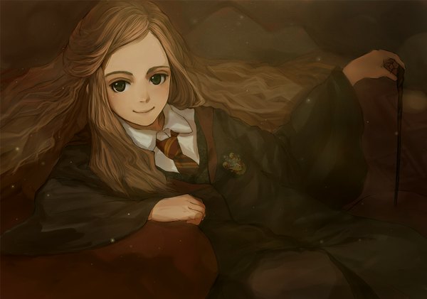 Anime picture 1046x735 with harry potter hermione granger shirabi long hair black hair smile brown hair girl uniform school uniform necktie wand