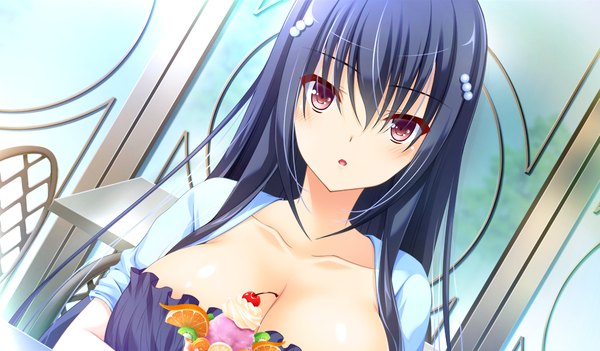 Anime picture 1024x600 with prestar long hair looking at viewer blush breasts light erotic black hair red eyes wide image large breasts game cg girl dress food sweets ice cream