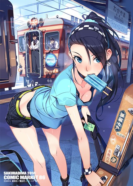 Anime picture 709x992 with rail wars! kashima noa vania600 long hair tall image blush breasts blue eyes black hair holding cleavage ponytail leaning leaning forward mouth hold glow girl boy earrings shorts