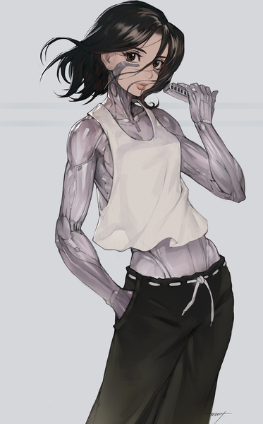 Anime picture 746x1200 with battle angel alita gally morry single tall image looking at viewer short hair black hair simple background standing signed wind lips black eyes grey background midriff hand in pocket girl musical instrument tank top