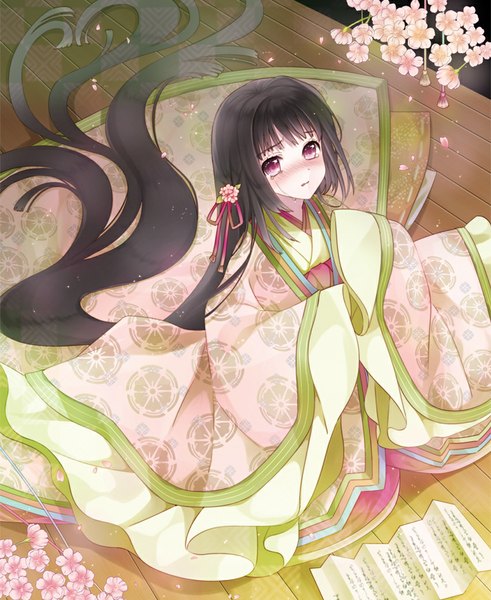Anime picture 850x1039 with original yuuki rika single tall image blush black hair purple eyes very long hair traditional clothes japanese clothes tears cherry blossoms girl plant (plants) petals tree (trees) kimono
