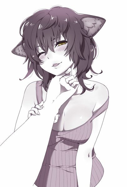 Anime picture 542x800 with mattaku mousuke tall image looking at viewer blush fringe short hair breasts open mouth light erotic black hair smile large breasts animal ears yellow eyes cleavage one eye closed fingernails cat ears no bra teeth