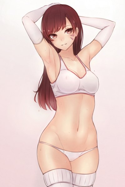 Anime picture 1038x1557 with overwatch blizzard entertainment d.va (overwatch) bluefield single long hair tall image fringe light erotic simple background brown hair brown eyes armpit (armpits) sweat underwear only gradient background groin facial mark arms behind head whisker markings