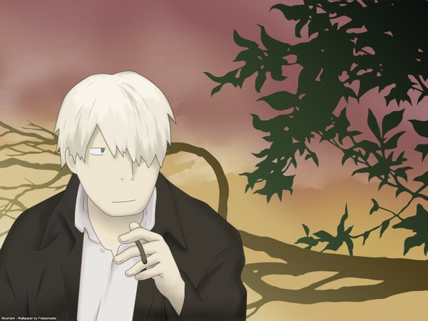 Anime picture 1280x960 with mushishi ginko single fringe short hair holding green eyes signed looking away sky cloud (clouds) upper body outdoors white hair hair over one eye wallpaper twilight boy plant (plants) shirt