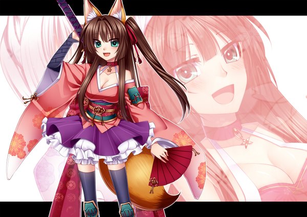 Anime picture 1600x1132 with original konshin single long hair blush open mouth blue eyes brown hair animal ears tail traditional clothes japanese clothes animal tail lolita fashion zoom layer wa lolita girl thighhighs weapon sword