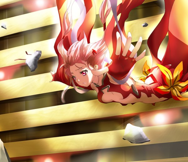Anime picture 1024x884 with guilty crown production i.g yuzuriha inori makisige (artist) single long hair red eyes pink hair flying center opening girl gloves hair ornament bodysuit