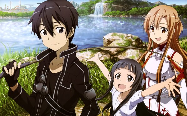 Anime picture 4065x2542 with sword art online a-1 pictures yuuki asuna kirigaya kazuto yui (sao) kawakami tetsuya long hair highres short hair open mouth black hair smile brown hair multiple girls brown eyes absurdres black eyes scan official art lake