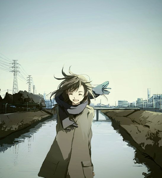 Anime picture 1054x1156 with original hanno single long hair tall image open mouth brown hair sky eyes closed wind happy hands behind back ^ ^ river ^o^ girl scarf cloak power lines