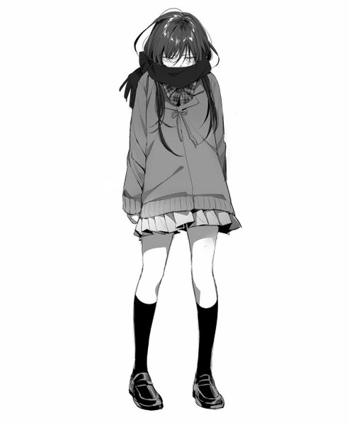 Anime picture 1023x1245 with original kawai makoto single long hair tall image blush fringe simple background white background looking down monochrome crying jpeg artifacts girl socks scarf