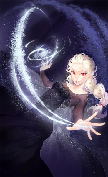 Anime picture 919x1500 with frozen (disney) disney elsa (frozen) gunni single long hair tall image looking at viewer breasts blonde hair smile bare shoulders braid (braids) lips orange eyes alternate costume magic single braid spread arms snow