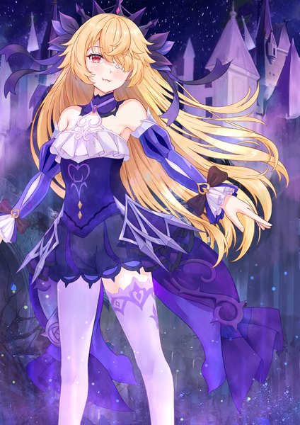 Anime picture 2894x4093 with genshin impact fischl (genshin impact) fischl (ein immernachtstraum) (genshin impact) benzi li single long hair tall image looking at viewer blush fringe highres light erotic blonde hair smile red eyes standing bare shoulders outdoors long sleeves hair over one eye