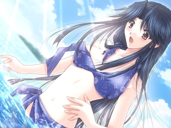 Anime picture 1200x900 with izumo zero (game) light erotic black hair red eyes purple eyes game cg girl swimsuit