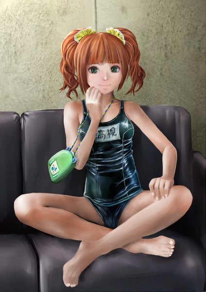 Anime picture 1753x2480 with idolmaster takatsuki yayoi zi-dabu single tall image highres short hair light erotic smile brown hair sitting green eyes girl swimsuit one-piece swimsuit couch school swimsuit