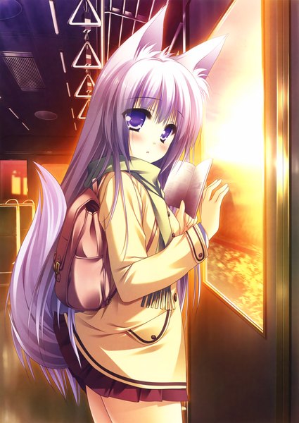 Anime picture 2336x3300 with original eshi 100-nin ten moekibara fumitake single long hair tall image looking at viewer blush highres blue eyes animal ears white hair tail animal tail scan train interior girl skirt jacket scarf