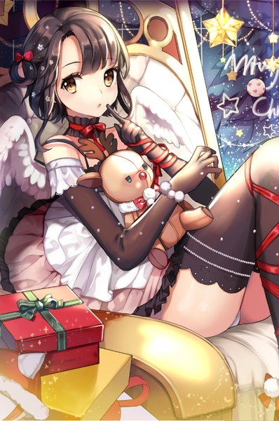 Anime picture 665x1001 with sword girls sita vilosa uuhui single tall image looking at viewer short hair light erotic black hair brown eyes pantyshot finger to mouth pantyshot sitting girl thighhighs dress gloves underwear panties black thighhighs