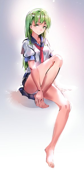 Anime picture 517x1050 with touhou kochiya sanae kishiyo single long hair tall image looking at viewer fringe light erotic smile sitting green eyes bent knee (knees) pleated skirt barefoot green hair bare legs no shoes girl skirt