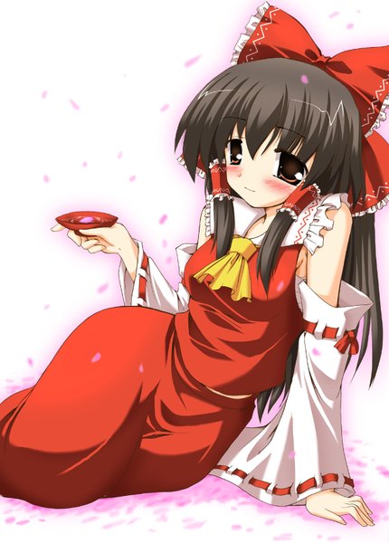 Anime picture 1240x1730 with touhou hakurei reimu gonzaburo tall image blush brown hair brown eyes miko girl skirt ribbon (ribbons) detached sleeves hairband skirt set alcohol sake sakazuki