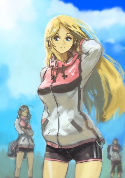 Anime picture 2480x3508 with original okuto long hair tall image looking at viewer highres breasts blue eyes black hair blonde hair smile standing multiple girls sky cloud (clouds) outdoors long sleeves wind bare legs solo focus