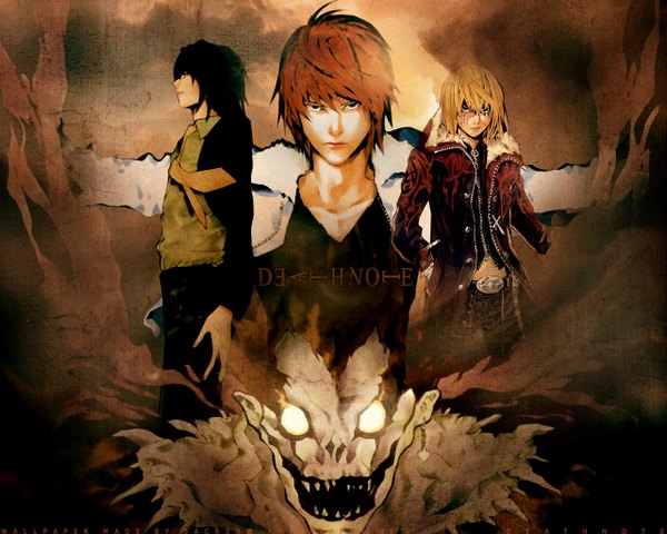 Anime picture 1280x1024 with death note madhouse yagami light l (death note) ryuk mello (mihael keehl) looking at viewer short hair open mouth black hair brown hair looking away black eyes inscription multiple boys boy jacket belt cross suit