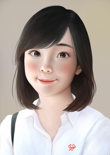 Anime picture 1920x2716 with real life ditta amelia saraswati jubi (regiana) single tall image looking at viewer highres short hair black hair simple background smile signed parted lips black eyes lipstick no glasses girl shirt white shirt