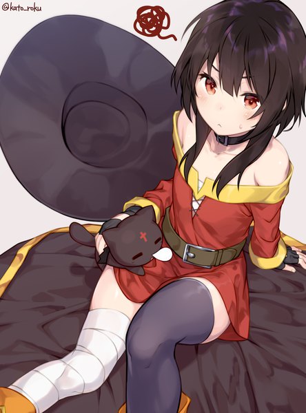 Anime picture 2850x3850 with kono subarashii sekai ni shukufuku wo! studio deen megumin chomusuke katoroku single long hair tall image looking at viewer blush fringe highres black hair simple background hair between eyes red eyes white background sitting bare shoulders signed