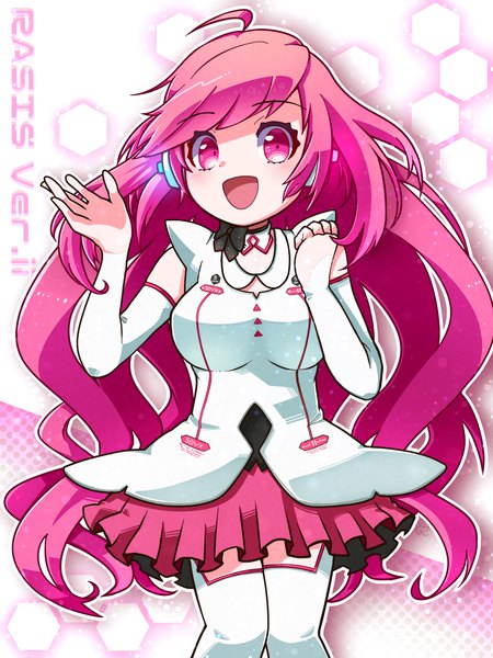 Anime picture 1200x1600 with sound voltex rasis partyanthem single long hair tall image looking at viewer blush fringe breasts open mouth smile large breasts standing pink hair ahoge :d pink eyes arms up character names