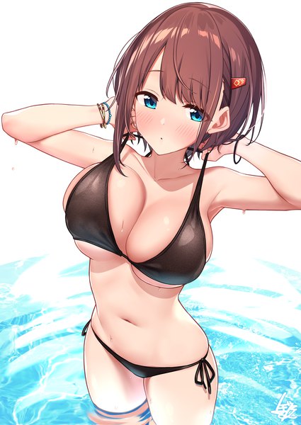 Anime picture 2507x3541 with original hitoyo (baffu) baffu single tall image looking at viewer blush fringe highres short hair breasts blue eyes light erotic simple background brown hair large breasts standing white background signed payot