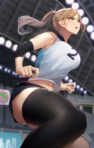 Anime picture 2508x3931 with original vegetablenabe single long hair tall image highres breasts light erotic blonde hair large breasts green eyes ponytail blurry bare belly from below sweat thighs looking up bouncing breasts playing sports