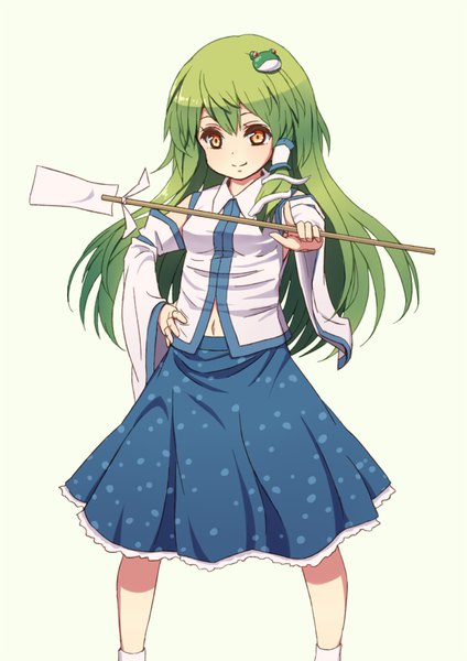 Anime picture 584x826 with touhou kochiya sanae monmonga single long hair tall image looking at viewer fringe simple background smile hair between eyes standing green hair orange eyes hand on hip pointing at viewer girl detached sleeves hair tubes gohei
