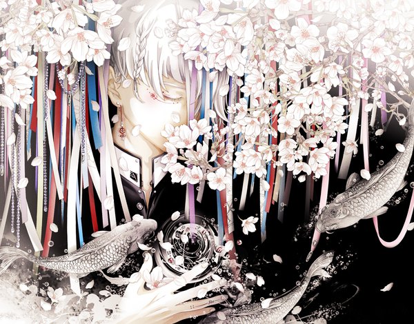 Anime picture 1000x784 with original paw (brtabby) single white hair braid (braids) eyes closed eyebrows boy flower (flowers) ribbon (ribbons) earrings animal petals fish (fishes)