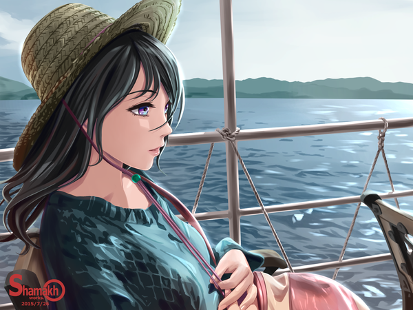 Anime picture 2000x1500 with original shamakho single long hair highres black hair sitting purple eyes signed looking away sky parted lips lips sunlight girl hat water sweater bag beads