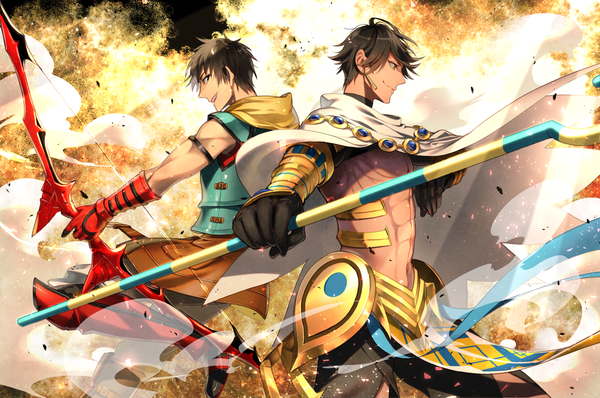 Anime picture 1500x996 with fate (series) fate/prototype ozymandias (fate) archer (fate/prototype fragments) noes short hair black hair smile holding profile multiple boys dark skin muscle fighting stance back to back abs boy gloves weapon earrings