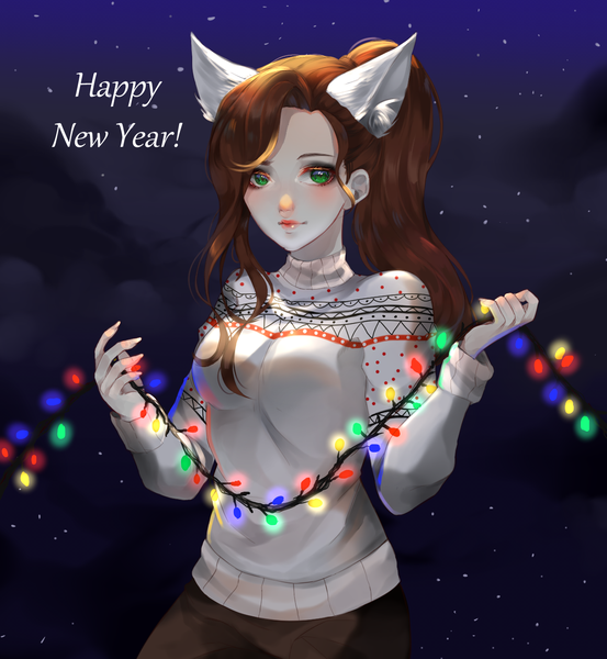 Anime picture 1200x1300 with original vaizerka single long hair tall image looking at viewer breasts brown hair green eyes animal ears upper body ponytail cat ears blue background pale skin new year happy new year girl sweater garland