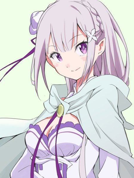 Anime picture 886x1181 with re:zero kara hajimeru isekai seikatsu white fox emilia (re:zero) matsuse daichi single long hair tall image looking at viewer blush fringe breasts simple background smile purple eyes cleavage upper body pointy ears grey hair green background girl