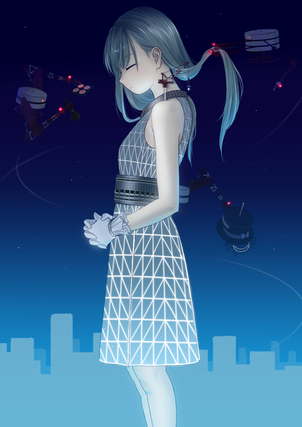 Anime picture 2480x3507 with vocaloid hatsune miku urbandusk single long hair tall image highres blue hair eyes closed night city giant girl dress gloves belt robot