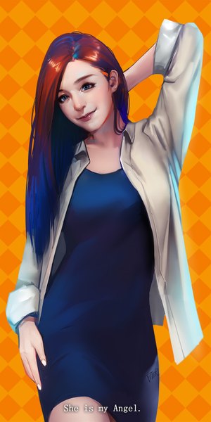 Anime picture 780x1560 with original superschool48 single long hair tall image looking at viewer blue eyes smile brown hair standing blue hair nail polish multicolored hair fingernails lips realistic two-tone hair open shirt text gradient hair