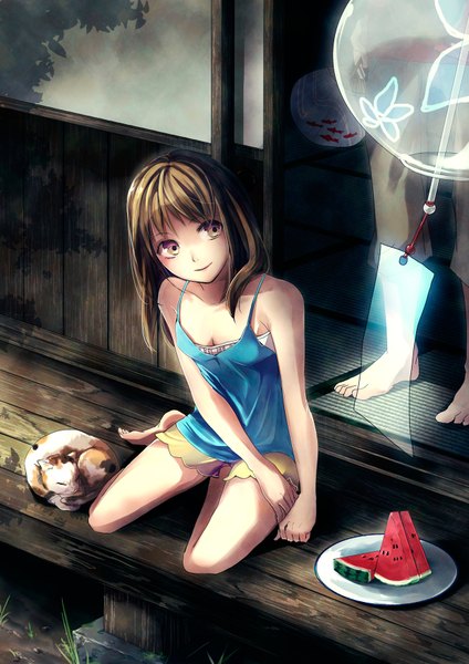 Anime picture 1240x1754 with original memai tall image blush brown hair sitting bare shoulders looking away light smile floor multicolored eyes girl plant (plants) animal food shorts short shorts cat grass fish (fishes)