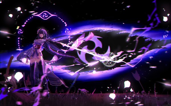 Anime picture 4000x2480 with genshin impact raiden shogun re:rin single highres wide image standing absurdres purple hair full body braid (braids) very long hair traditional clothes japanese clothes outstretched arm single braid electricity girl thighhighs weapon